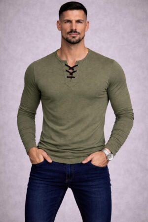 Özel Üretim Haki Yeşil İpli Yaka Dar Kesim Uzun Kollu Geniş Yaka Bisiklet Yaka Tişört Tshirt