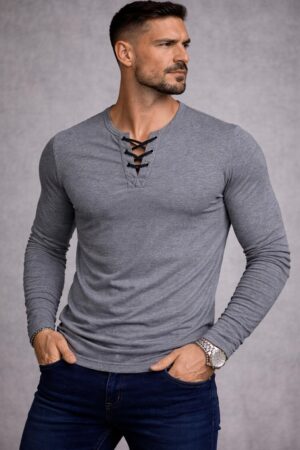 Özel Üretim Füme İpli Yaka Dar Kesim Uzun Kollu Geniş Yaka Bisiklet Yaka Tişört Tshirt