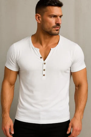 Özel Üretim Beyaz Henley Yaka Dar Kesim Düğmeli Açık Geniş Yaka Tişört T-Shirt