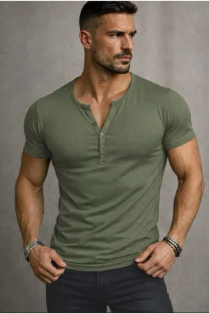 Özel Üretim Haki Yeşil Dar Kesim Henley Yaka düğmeli Dar Kesim Açık Geniş Yaka Tişört T-Shirt