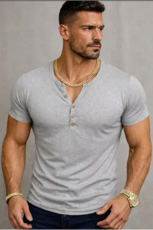 Özel Üretim Gri Henley Yaka Dar Kesim düğmeli Açık Geniş Yaka Tişört T-Shirt