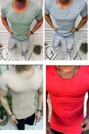 Erkek 4Lü Paket Oval Yaka İndigo Su Yeşili Bej Nar Çiçeği Tişört Açık Yaka Likralı T-shirt