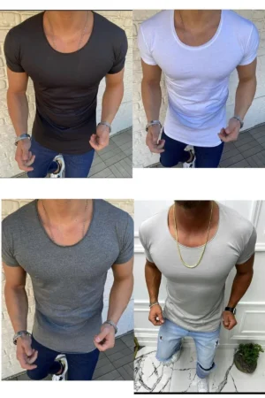 4 Lü Paket Oval Yaka Açık Yaka Siyah Beyaz Koyu Gri Açık Gri Tişört T-Shirt
