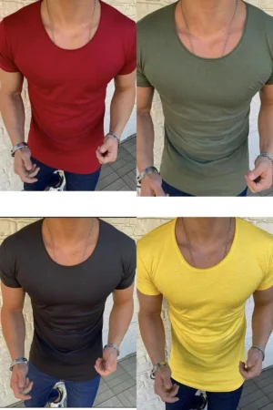 Erkek 4 Lü Paket Oval Yaka Açık Yaka Erkek 4 Lü Paket Oval Yaka Açık Yaka Siyah Bordo Sarı Haki Tişört T-ShirtTişört T-Shirt