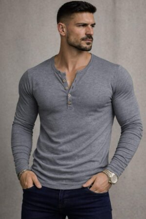 Özel Üretim Uzun Kollu Füme Henley Yaka düğmeli Dar Kesim Açık Geniş Yaka Tişört T-Shirt