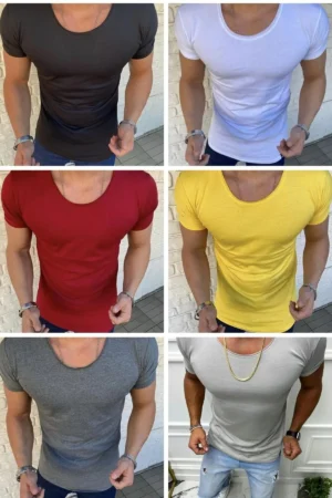 Erkek 6 Lı Paket Oval Yaka Açık Yaka Tişört Siyah Beyaz Bordo Gri Açık Gri Sarı T-Shirt