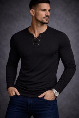 Özel Üretim Siyah İpli Yaka Uzun Kollu Geniş Yaka Bisiklet Yaka Tişört Tshirt