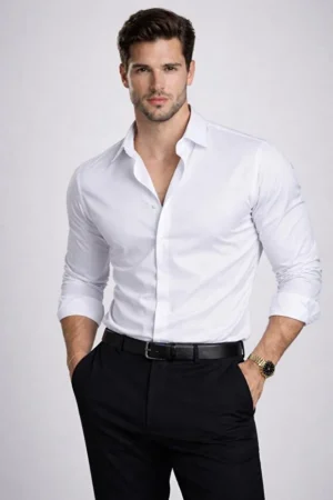 Erkek Beyaz Uzun Kollu Dar Kesim Bella Saf Saten Hafif Likra Özel Üretim Premium Kalite Gömlek