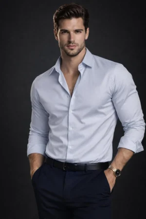 Erkek Buz Mavisi Uzun Kollu Dar Kesim Bella Saf Saten Hafif Likra Özel Üretim Premium Kalite Gömlek