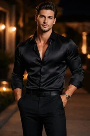 Erkek Siyah Uzun Kollu Dar Kesim Pamuk Saten Özel Üretim Premium Kalite Gömlek