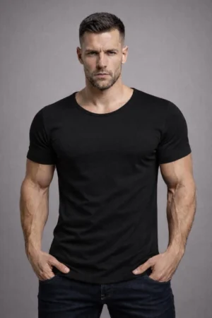 Erkek Siyah Oval Etek Normal Geniş Yaka Pamuklu Slim Fit Kısa Kollu Tişört T-shirt
