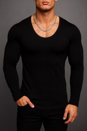 Erkek Uzun Kollu Dar Kesim Oval Yaka Tişört Açık Yaka Likralı Slim Fit T-shirt Siyah