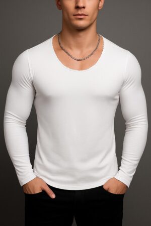 Erkek Uzun Kollu Dar Kesim Oval Yaka Tişört Açık Yaka Likralı Slim Fit T-shirt Beyaz