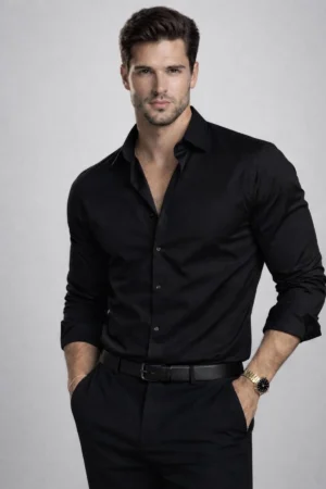 Erkek Siyah Uzun Kollu Dar Kesim Bella Saf Saten Hafif Likra Özel Üretim Premium Kalite Gömlek