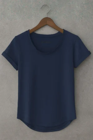 Erkek Lacivert Dar Kesim Özel Üretim Geniş Yaka Alt Oval Kesim Tişört T-Shirt