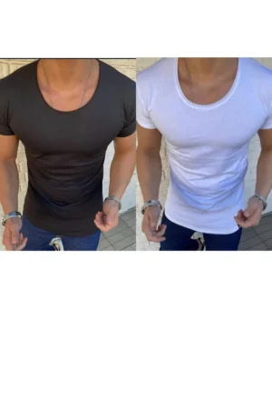 Erkek 2 Li Paket Oval Yaka Siyah Beyaz Tişört Açık Yaka Likralı Slim Fit T-shirt