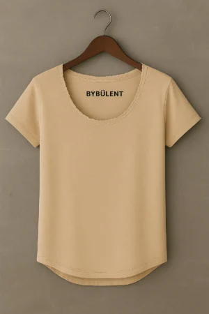 Erkek Camel Dar Kesim Özel Üretim Geniş Yaka Alt Oval Kesim Tişört T-Shirt